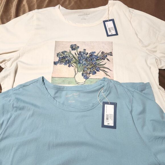 Universal Thread Tshirt For Women Size 2X Ivory Floral And Blue 100%Cotton 2-PCS - Picture 1 of 13